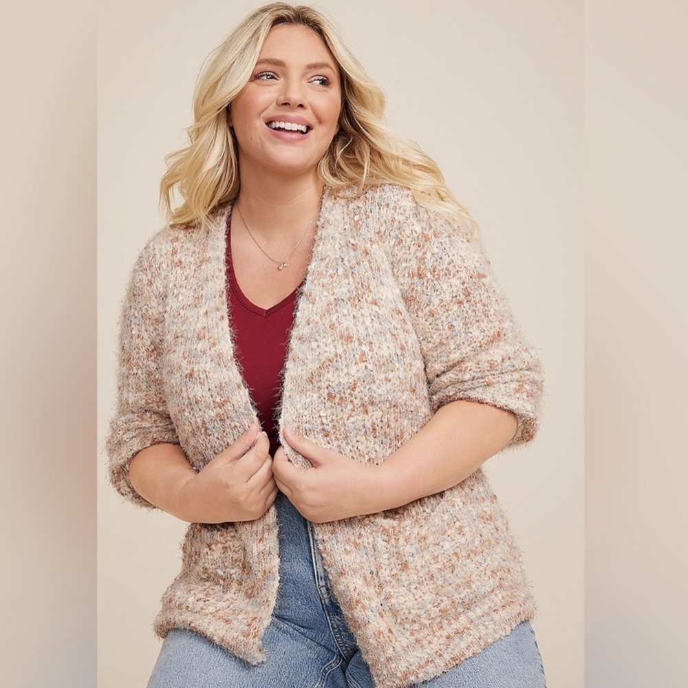 Maurices 1X Plus Size Marled Fuzzy Open Front Cardigan Sweater Pockets